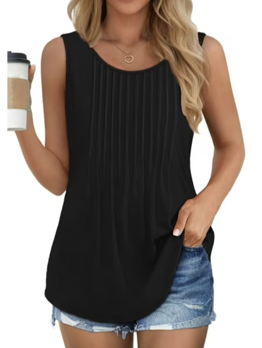 Sleeveless Pleated Round-Neck Tank Top - Black